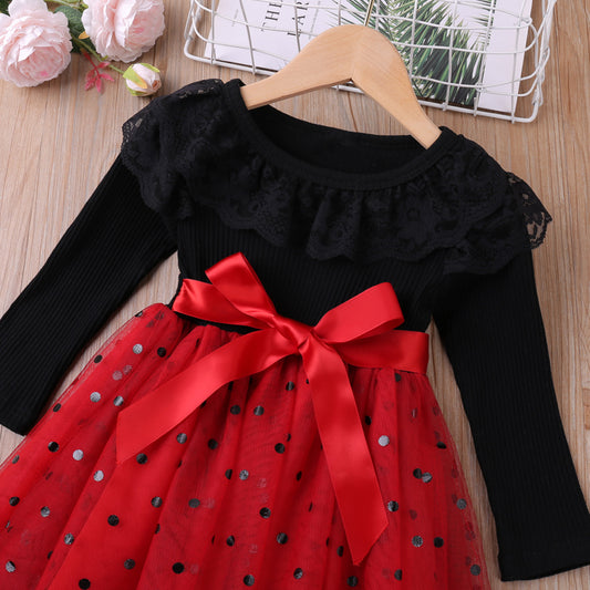 Girls Long Sleeve Autumn New Lace Collar  Mesh Yarn Patchwork Princess  Dress