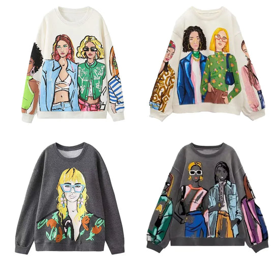 Women's Fashion Casual Loose Versatile Round Neck Long Sleeve Printed Sweater