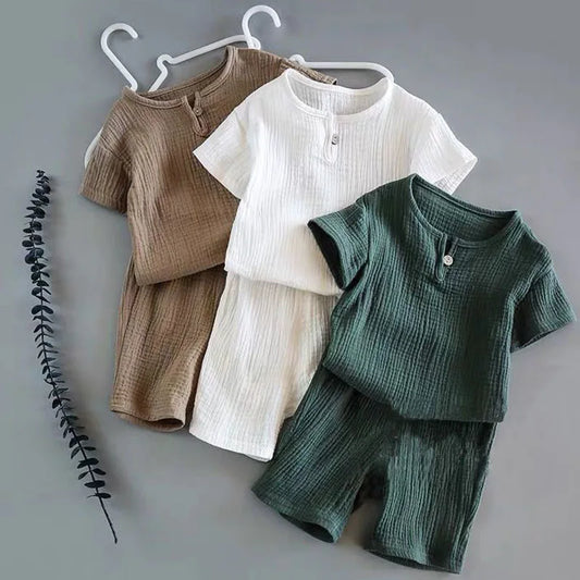 Unisex Summer Outfits Clothes For Children Muslin Cotton Short Shirt Set, 2 Piece