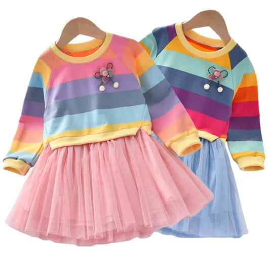 Baby Girls Dress Sweater Fleece Gauze Tutu Long Sleeve Rainbow Stripes Dress