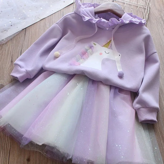 Girls Cartoon Hooded Sweater + Rainbow Skirt Two-Piece Clothing Set