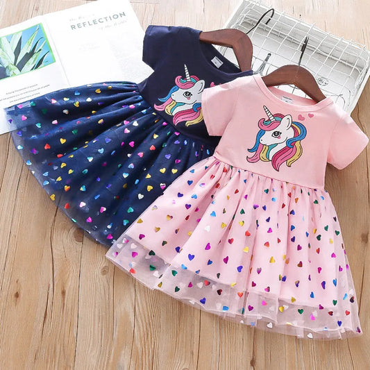 Summer Girls Dress Cotton Cartoon Unicorn Splicing Mesh