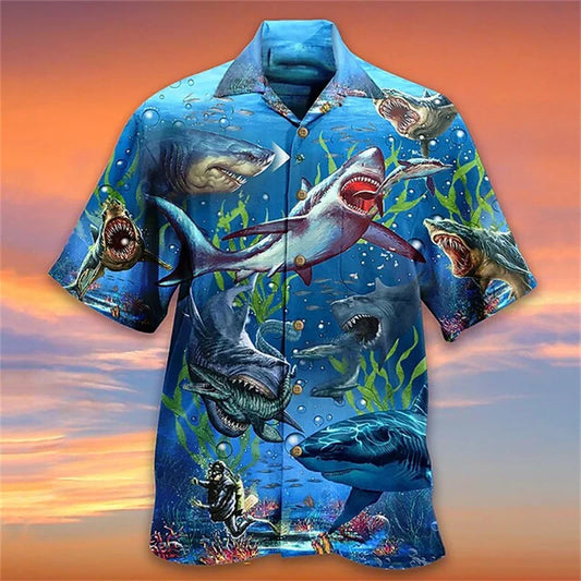 Shark Print Summer Shirt Hawaiian Style Short Sleeve